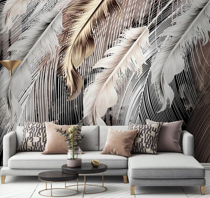 Papier peint motif plumes élégant tons neutres