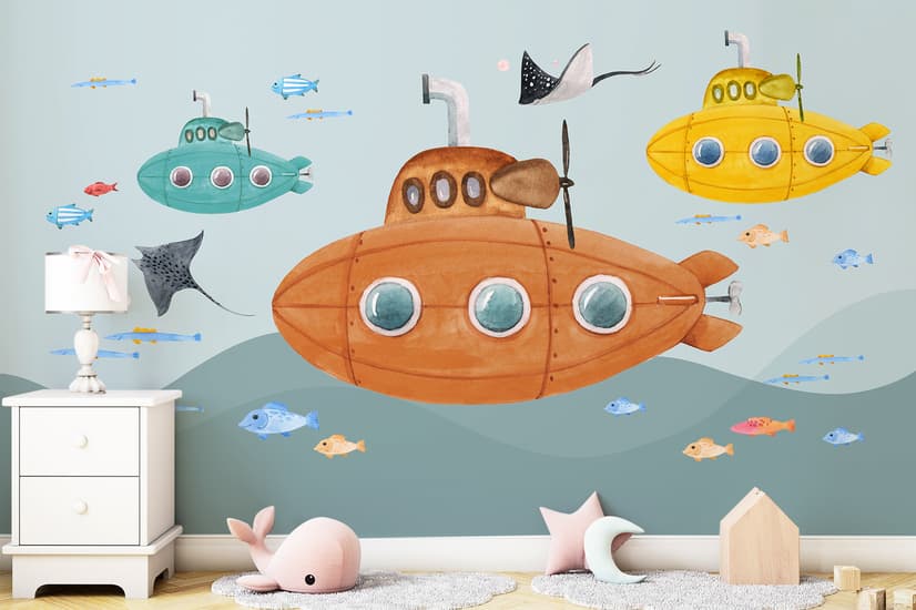 Kids Boys Watercolor Underwater with Submarine Wallpaper Mural