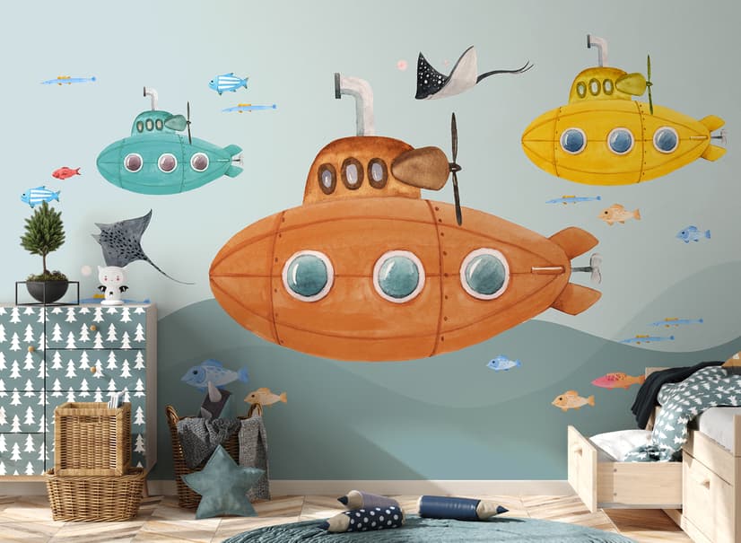 Kids Boys Watercolor Underwater with Submarine Wallpaper Mural
