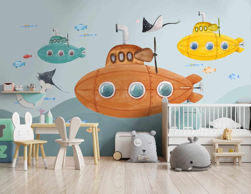 Kids Boys Watercolor Underwater with Submarine Wallpaper Mural