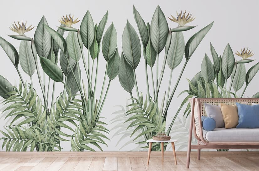 Vintage Palm Leaf and Colorful Birds Wallpaper Mural