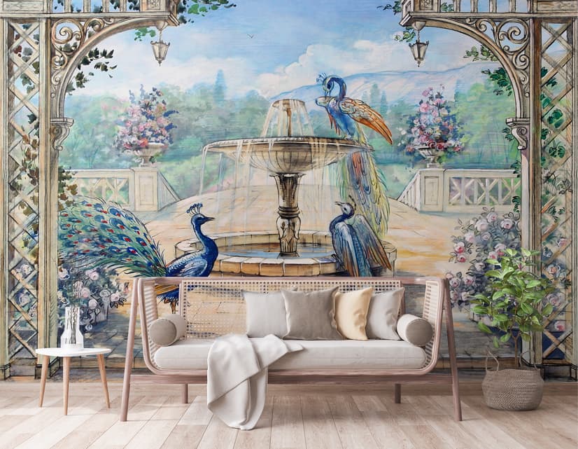 Painting Garden with Fountain, Peacock and Roman Column Wallpaper Mural