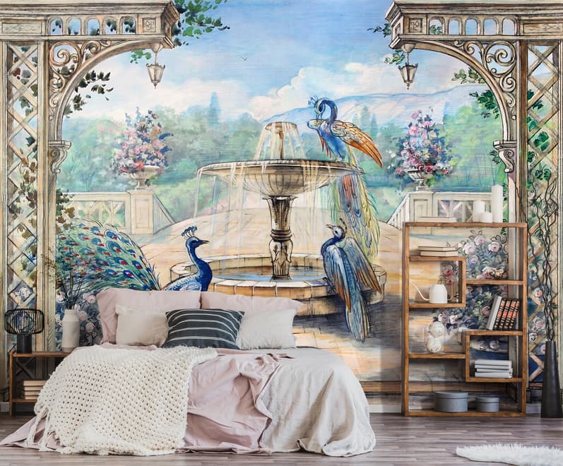 Painting Garden with Fountain, Peacock and Roman Column Wallpaper Mural