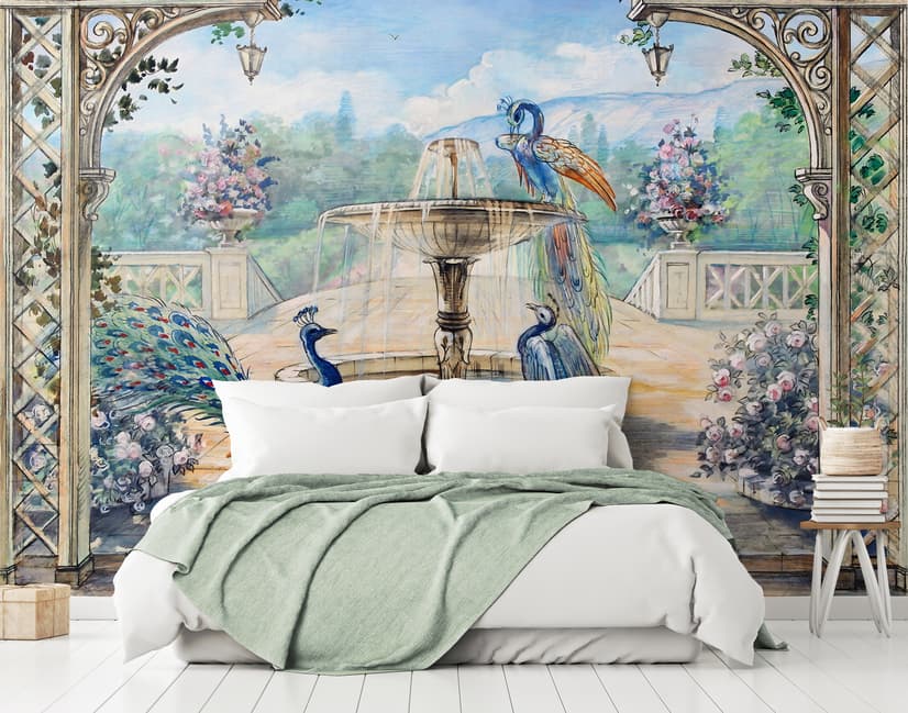 Painting Garden with Fountain, Peacock and Roman Column Wallpaper Mural