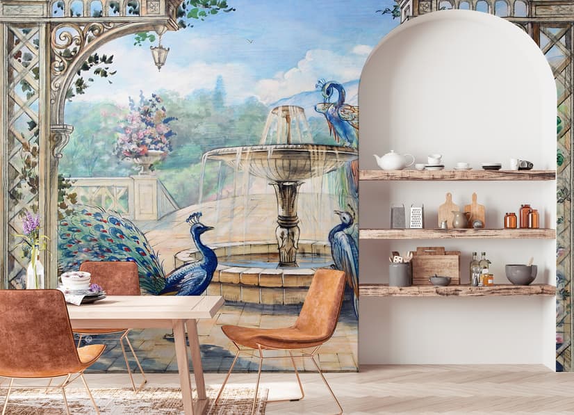 Painting Garden with Fountain, Peacock and Roman Column Wallpaper Mural