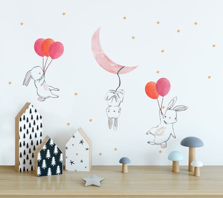 Stickers muraux lapins cartoon ballons colorés lune enfants