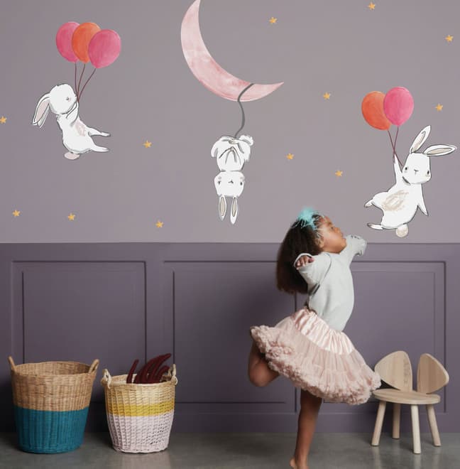 Kids Cartoon Rabbits with Colorful Balloons and Moon Wall Decal Sticker