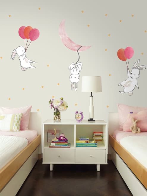 Kids Cartoon Rabbits with Colorful Balloons and Moon Wall Decal Sticker