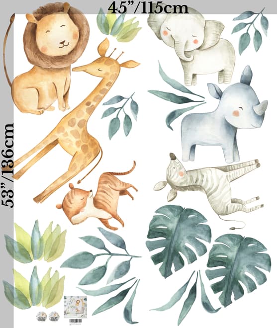Kids Watercolor Safari Animals with Tropical Leaves Wall Decal Sticker
