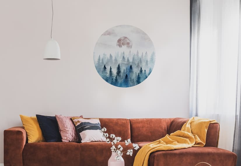 Foggy Forest with Rising Moon Landscape Circle Wall Decal Sticker