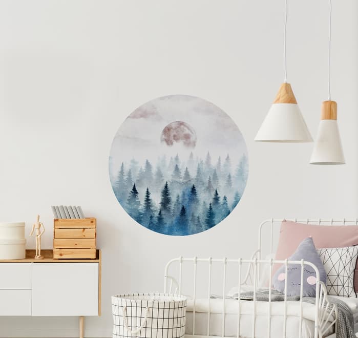 Foggy Forest with Rising Moon Landscape Circle Wall Decal Sticker