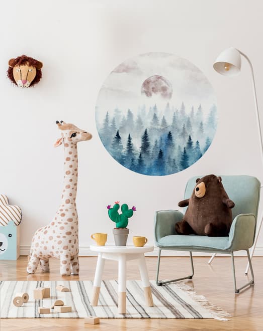 Foggy Forest with Rising Moon Landscape Circle Wall Decal Sticker