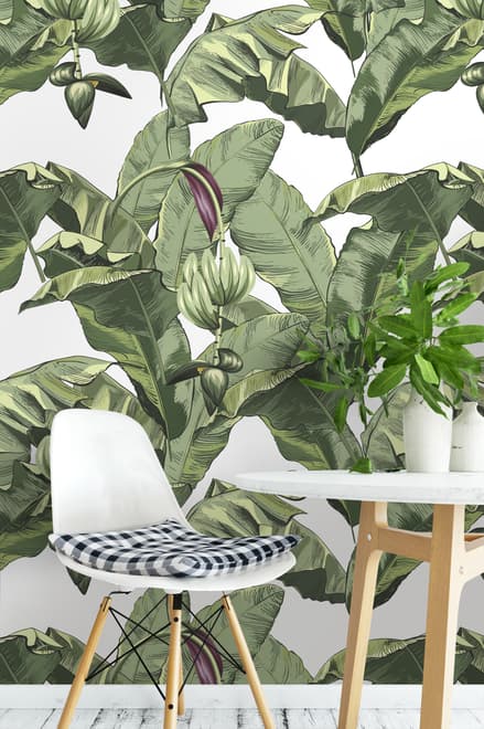 Green Tropical Bananana Leaves with Calla Lily Flowers Wallpaper Mural