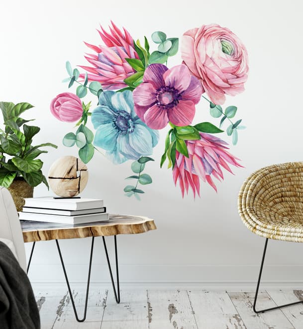 Watercolor Pink Protea with Ranunculus and Tulips Wall Decal Sticker