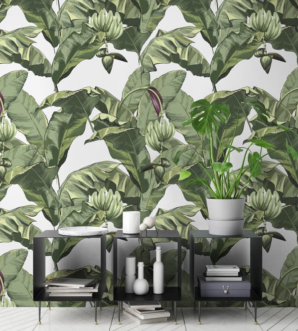 Green Tropical Bananana Leaves with Calla Lily Flowers Wallpaper Mural