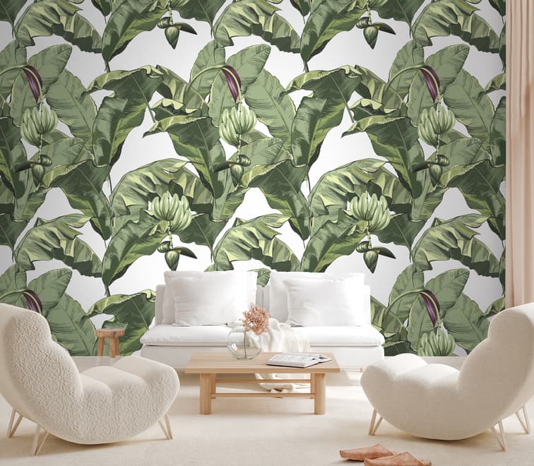 Green Tropical Bananana Leaves with Calla Lily Flowers Wallpaper Mural