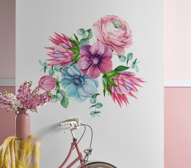 Watercolor Pink Protea with Ranunculus and Tulips Wall Decal Sticker
