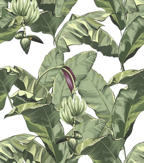 Green Tropical Bananana Leaves with Calla Lily Flowers Wallpaper Mural