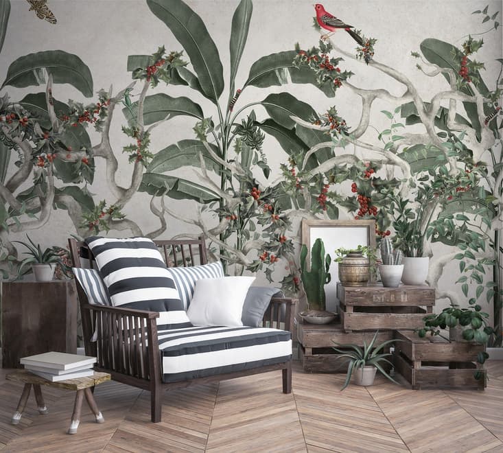 Papier peint panoramique feuilles tropicales et baies