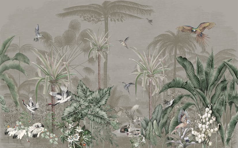 Papier peint panoramique rétro avec forêt et cigogne