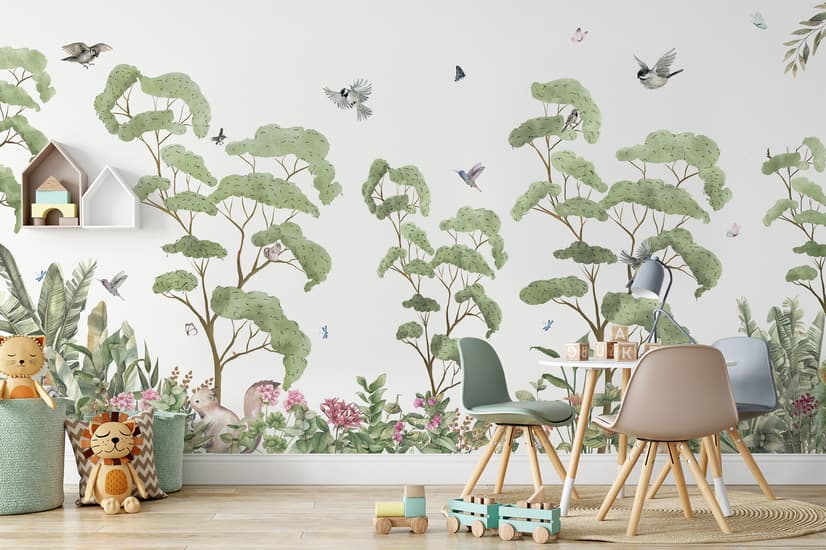 Kids Tropical Forest with Cute Rabbits Wallpaper Mural