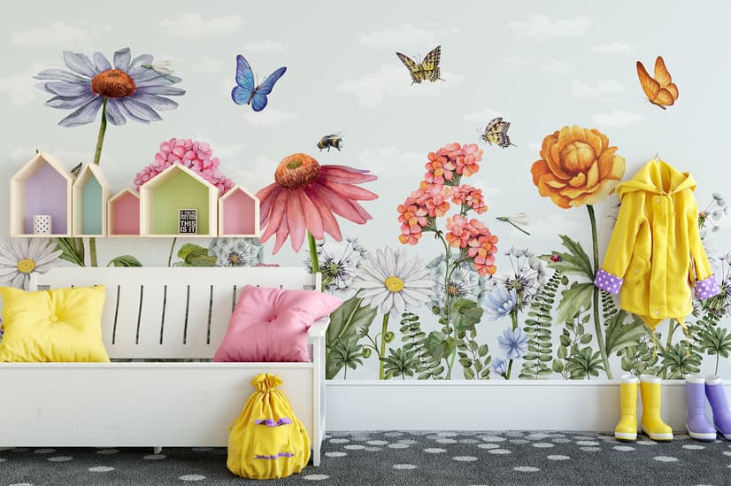 Kids Floral Gardens with Butterflies Wallpaper Mural