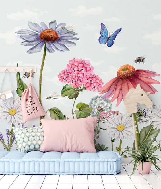 Kids Floral Gardens with Butterflies Wallpaper Mural