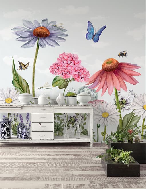 Kids Floral Gardens with Butterflies Wallpaper Mural