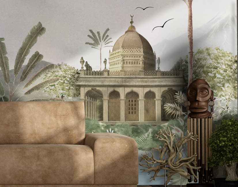 Vintage River Landscape with Mosque Historical Art Wallpaper Mural