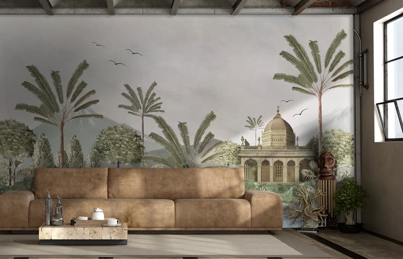 Vintage River Landscape with Mosque Historical Art Wallpaper Mural