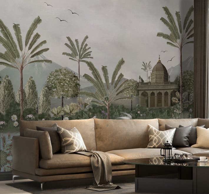 Vintage River Landscape with Mosque Historical Art Wallpaper Mural