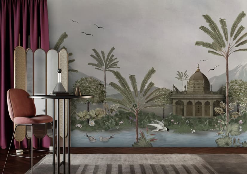 Vintage River Landscape with Mosque Historical Art Wallpaper Mural