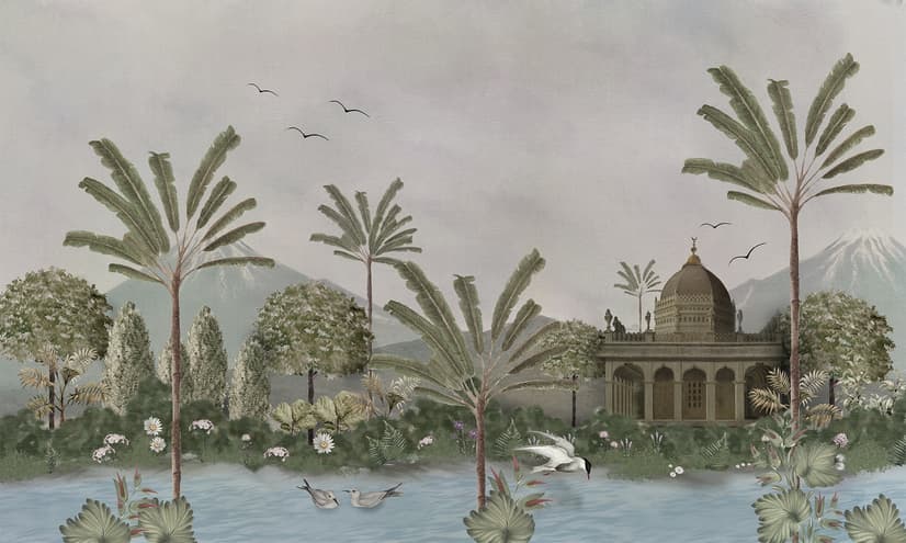 Vintage River Landscape with Mosque Historical Art Wallpaper Mural