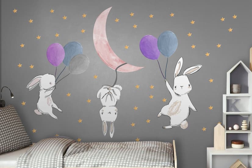 Kids Cartoon Rabbits with Colorful Balloons and Moon Wall Decal Sticker