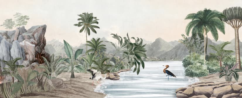 Tropical Nature Landscape with Birds Wallpaper Mural