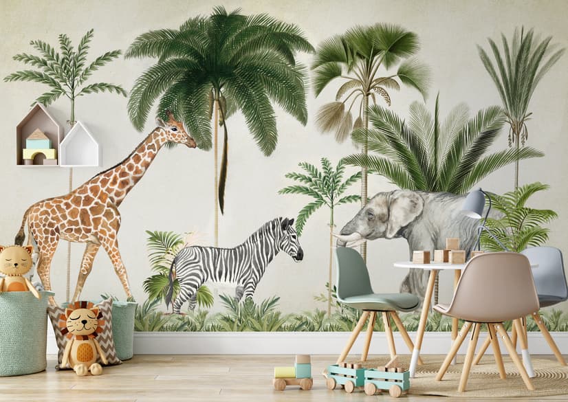 Papier peint animaux tropicaux sauvages avec palmiers pour enfants