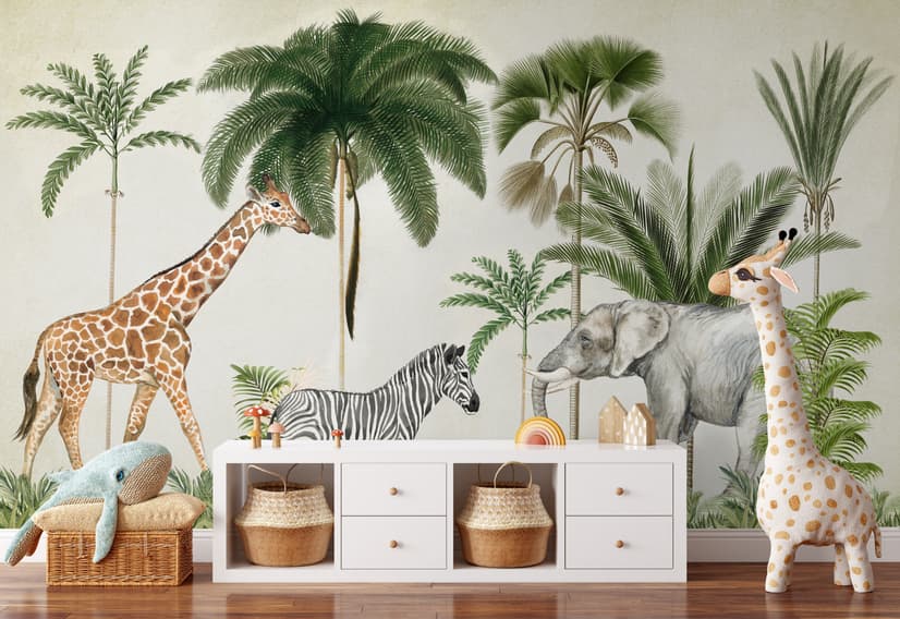 Kids Wild Tropical Animals with Palm Trees Wallpaper Mural