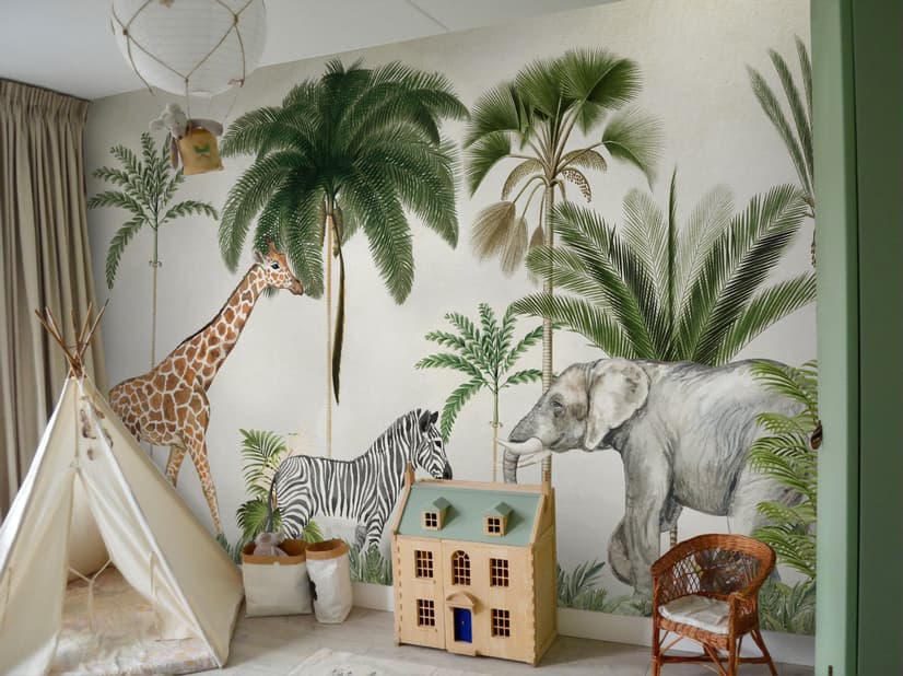 Kids Wild Tropical Animals with Palm Trees Wallpaper Mural