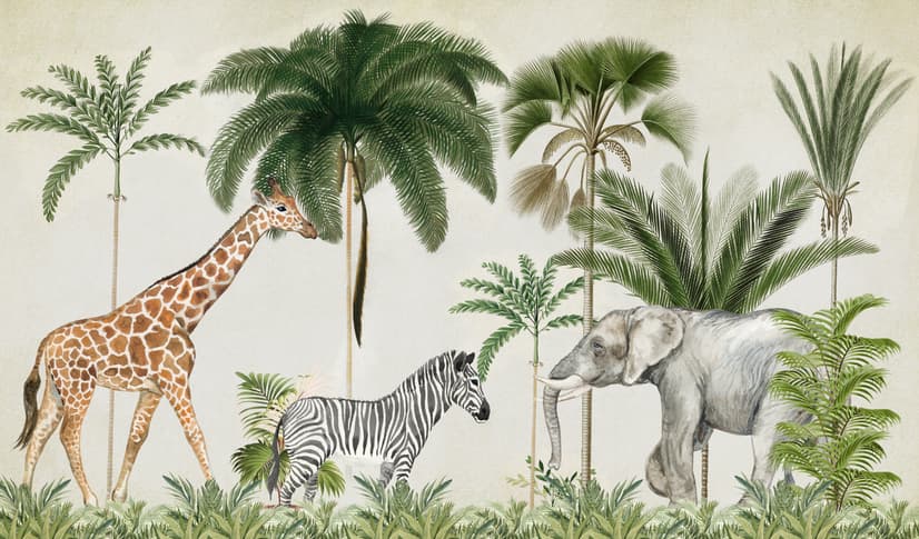 Kids Wild Tropical Animals with Palm Trees Wallpaper Mural