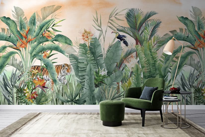 Tiger and Tropical Leaves Wallpaper Mural