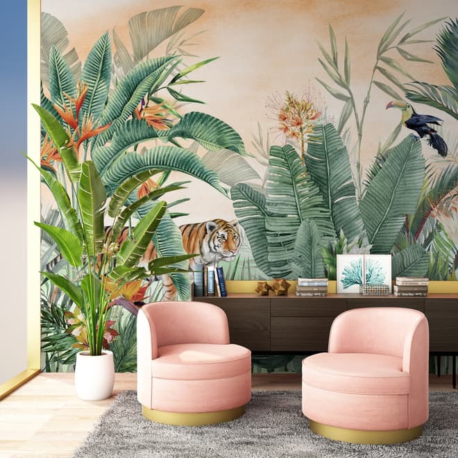 Tiger and Tropical Leaves Wallpaper Mural