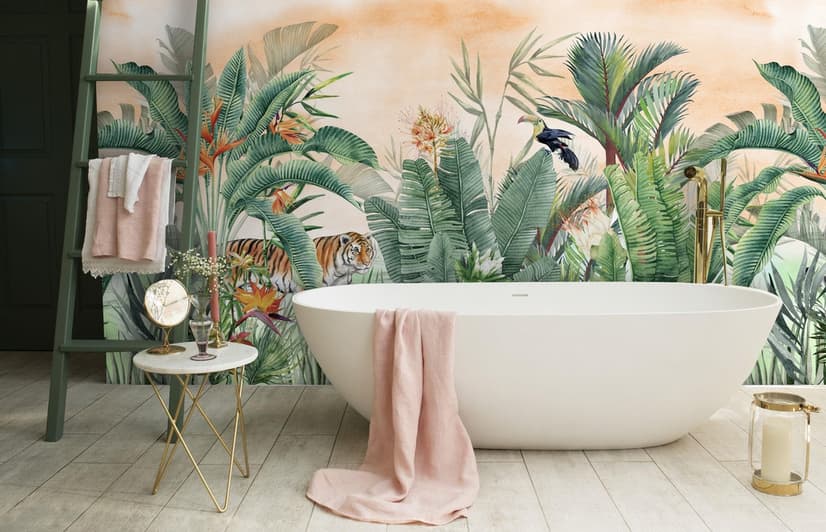 Tiger and Tropical Leaves Wallpaper Mural