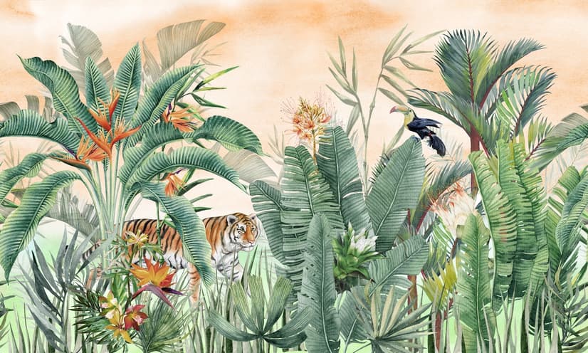 Tiger and Tropical Leaves Wallpaper Mural