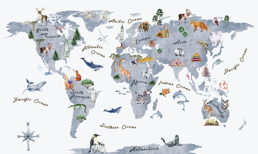 Animals on World Map Wallpaper Mural