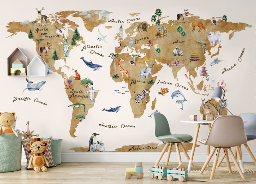 Animals on World Map Wallpaper Mural