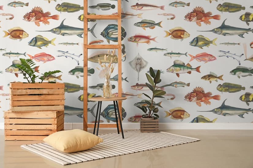 Vintage Style Aqua Fish Art Wallpaper Mural