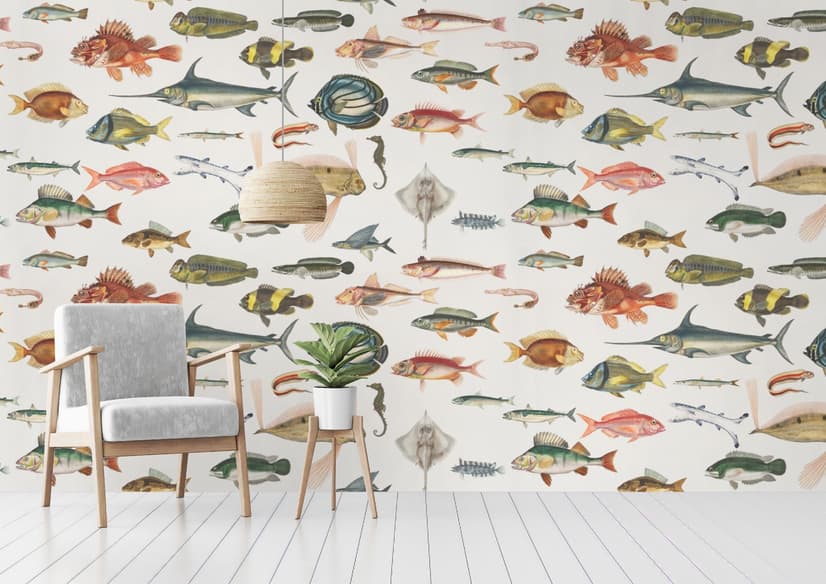 Vintage Style Aqua Fish Art Wallpaper Mural