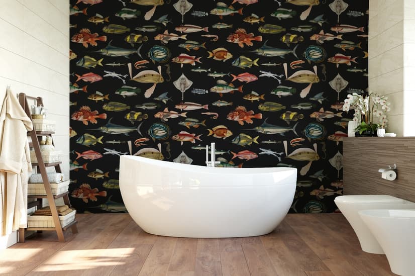 Vintage Style Aqua Fish Art Wallpaper Mural