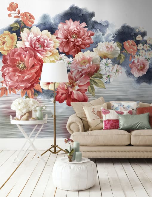 Vintage Red and Pink Blooms Floral on Smoky Background Wallpaper Mural