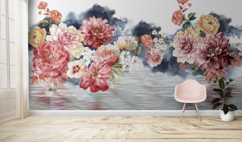 Vintage Red and Pink Blooms Floral on Smoky Background Wallpaper Mural